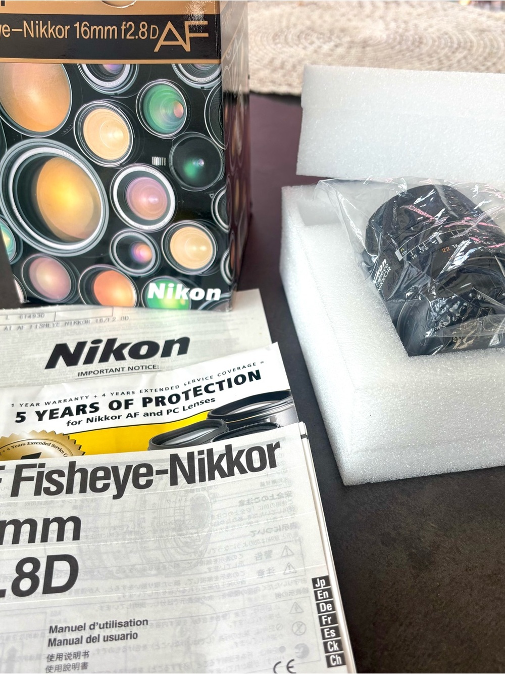 Nikon 16mm Fisheye Lens with Black Body and Multicolor Box Artwork